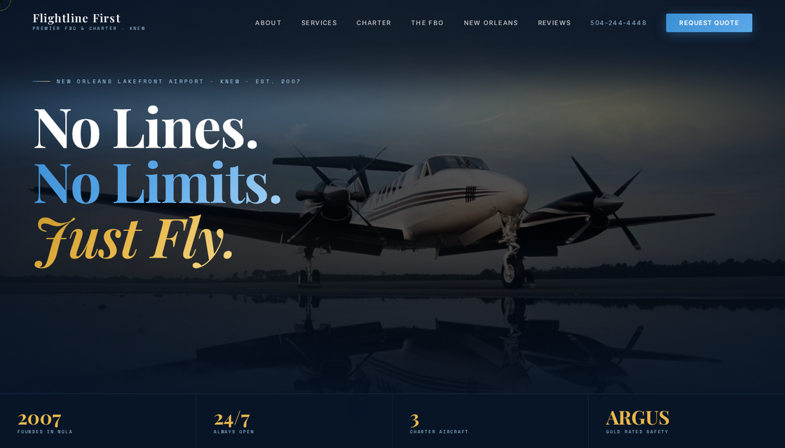 Homepage of a private aviation website: a private jet on the ramp at night